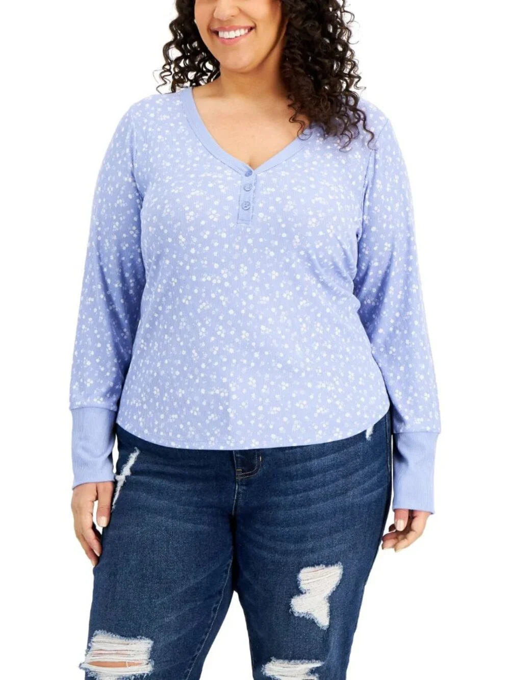 Hippie Rose Womens Trendy Plus Size Floral-Print Henley Top